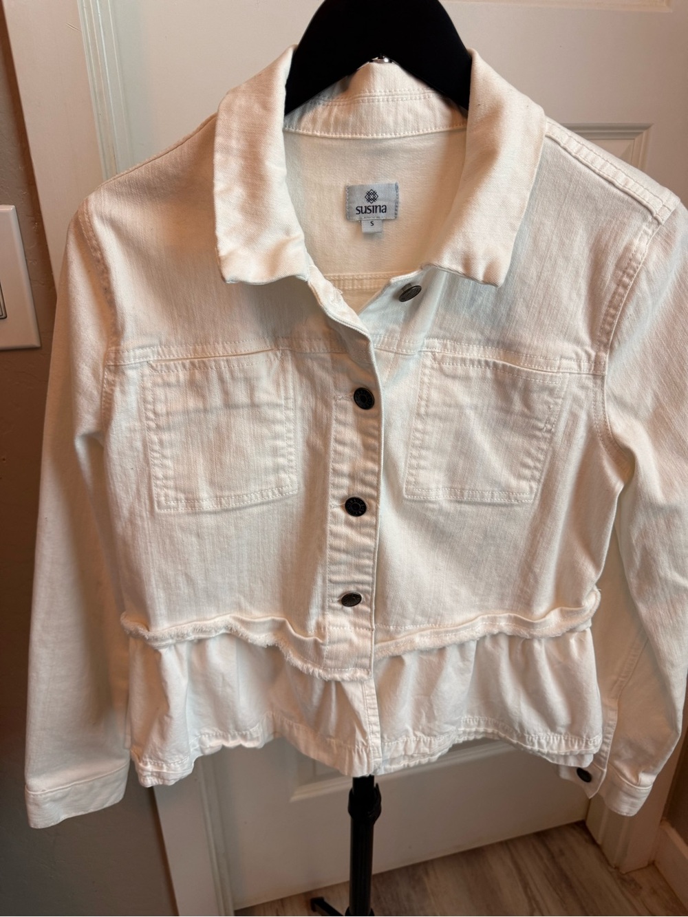 Susina Cream Ruffled Hem Jean Jacket-Small